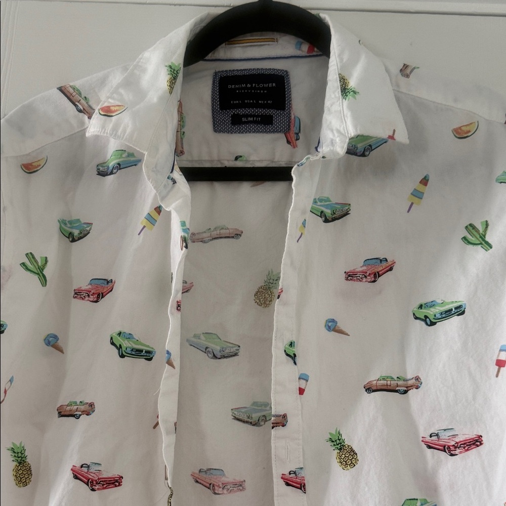 Denim & Flower White Shirt with Colorful Car and Fruit Print